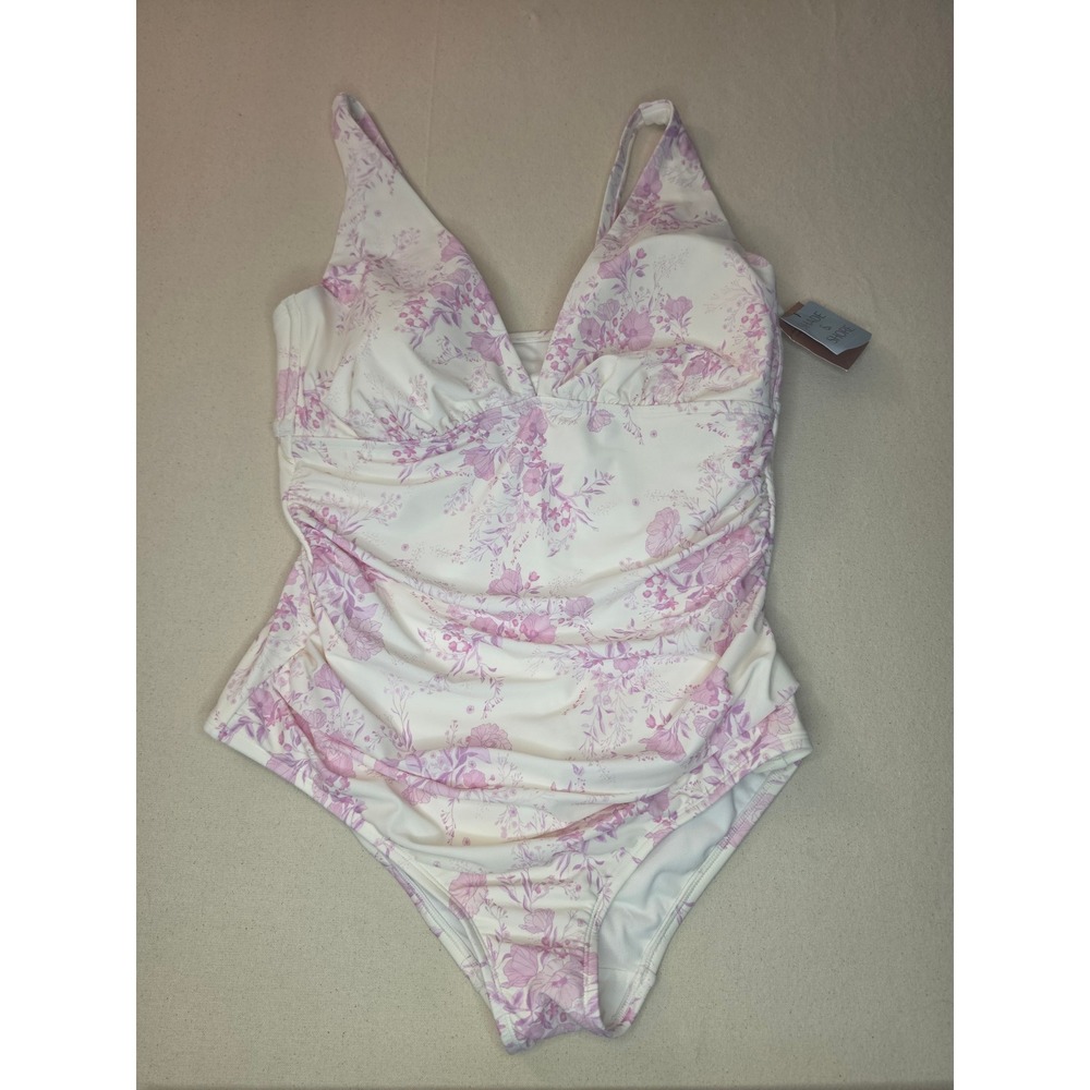 Shade & Shore Shirred Plunge One Piece Swimsuit White Size 18 NWT